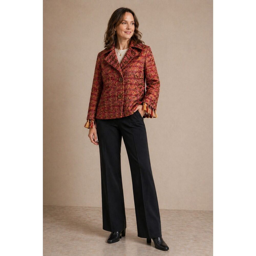 Erin London Tapestry Art to Wear Jacket Tassel Sleeve Trim Brocade Blazer Size M